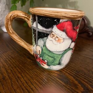 Susan Winget Ceramic Christmas Mug Santa Sleigh Bell Bistro 16 Oz
